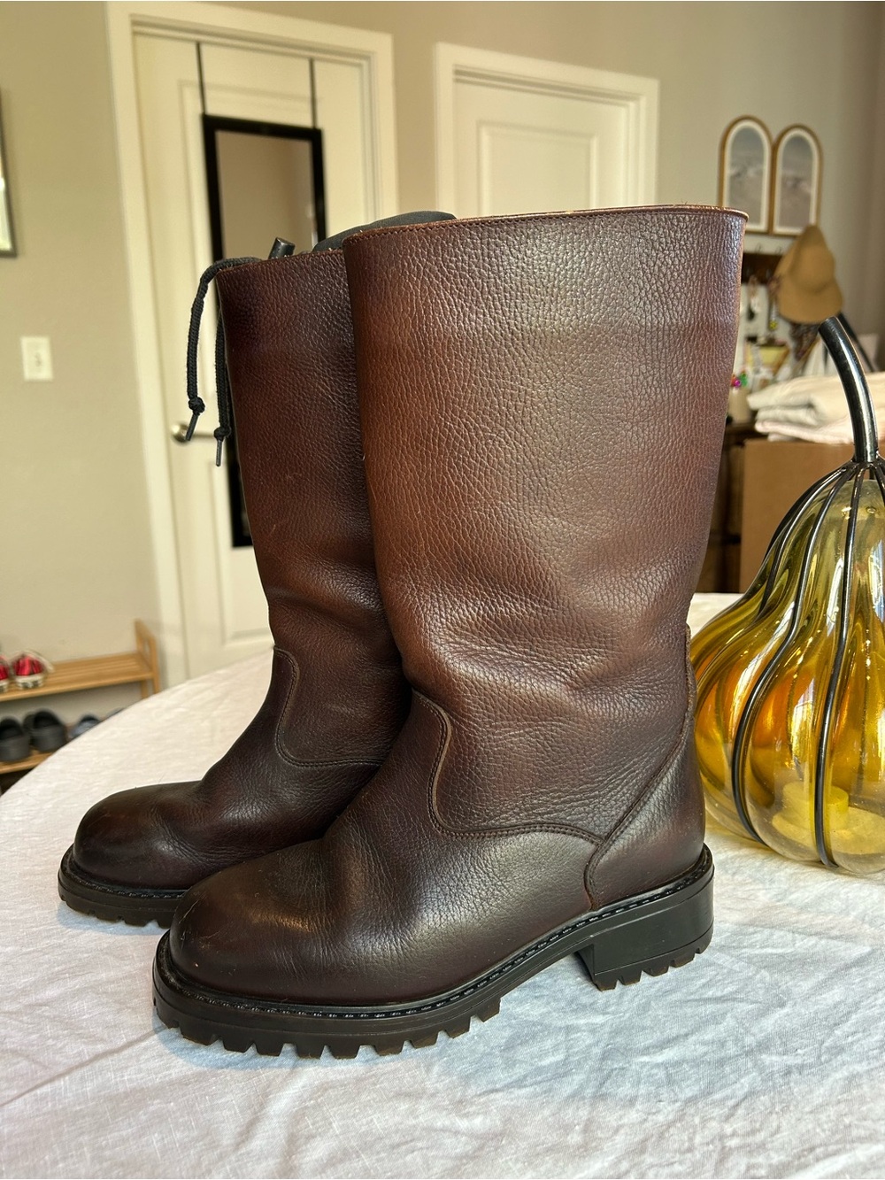 VTG LL Bean Womens Tall Winter Boots Brown Leather Cinch Cuff Felt Liner size 8